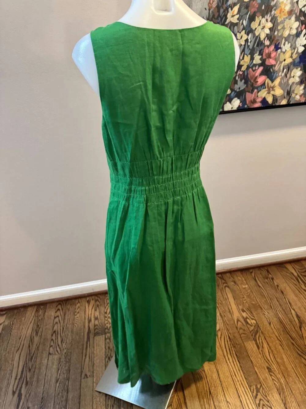 Tory Burch Pleated 100% Linen Midi Dress Bright Green Leaf Size 6